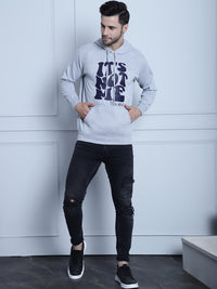 Mack Jonney Grey Melange Printed Hooded Cotton Fleece Sweatshirt for Men