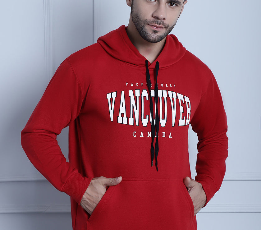 Mack Jonney Maroon Printed Hooded Cotton Fleece Sweatshirt for Men