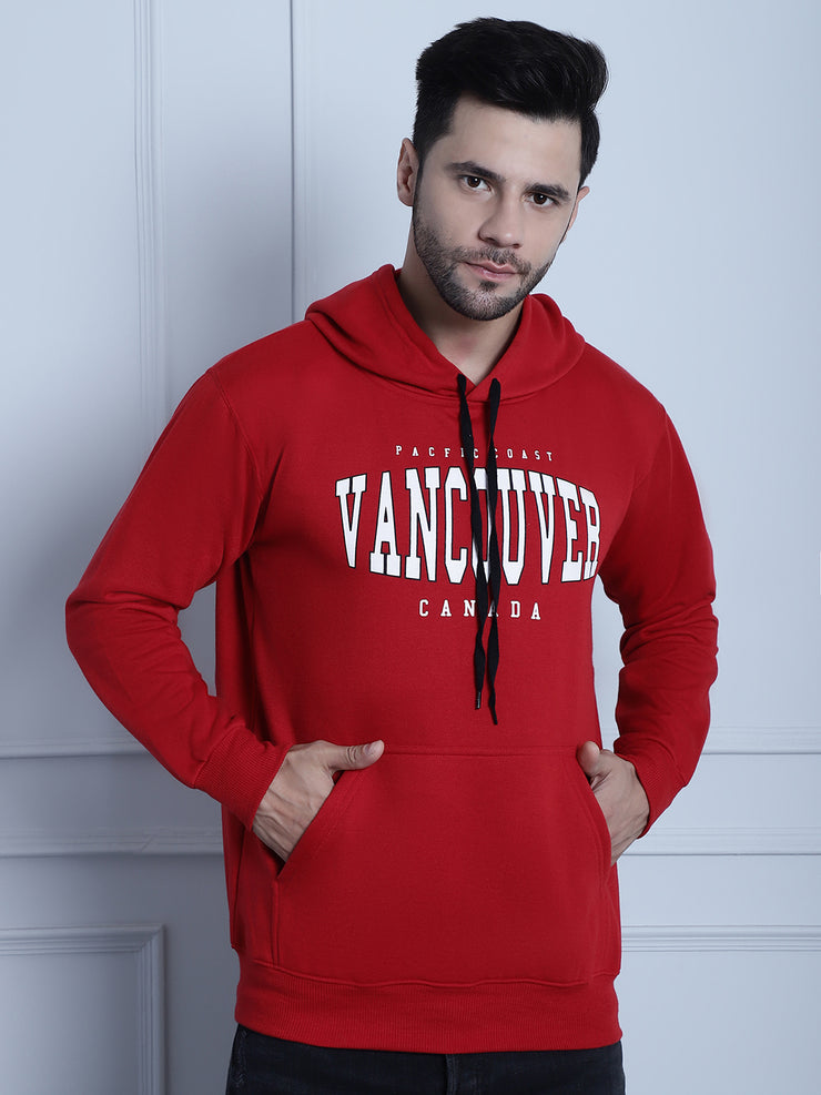 Mack Jonney Maroon Printed Hooded Cotton Fleece Sweatshirt for Men