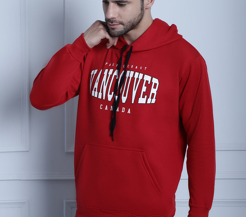 Mack Jonney Maroon Printed Hooded Cotton Fleece Sweatshirt for Men