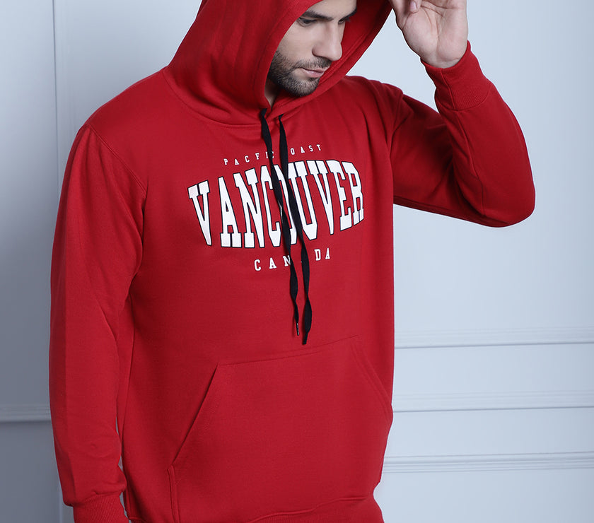 Mack Jonney Maroon Printed Hooded Cotton Fleece Sweatshirt for Men