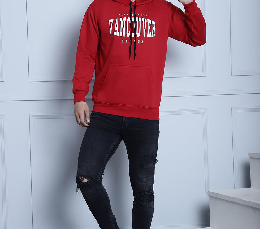 Mack Jonney Maroon Printed Hooded Cotton Fleece Sweatshirt for Men