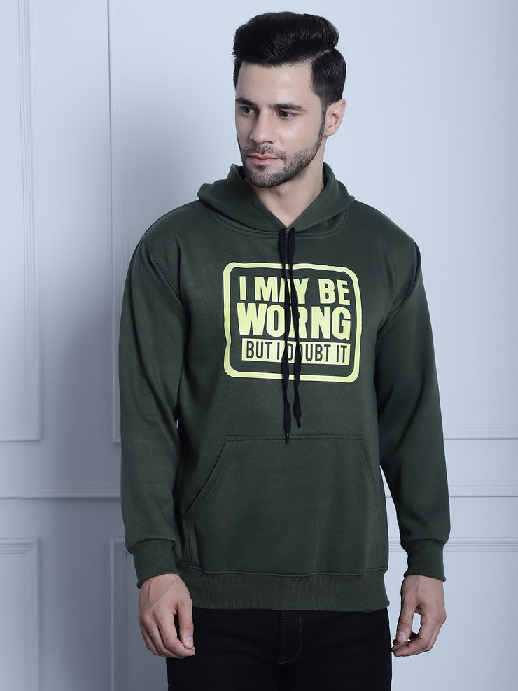 Mack Jonney Olive Printed Hooded Cotton Fleece Sweatshirt for Men