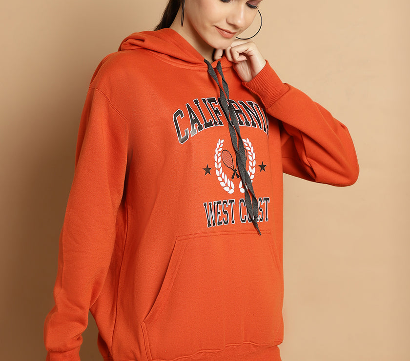 Mack Jonney Rust Printed Hooded Cotton Fleece Sweatshirt for Women