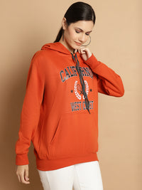Mack Jonney Rust Printed Hooded Cotton Fleece Sweatshirt for Women