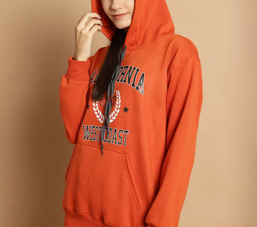 Mack Jonney Rust Printed Hooded Cotton Fleece Sweatshirt for Women