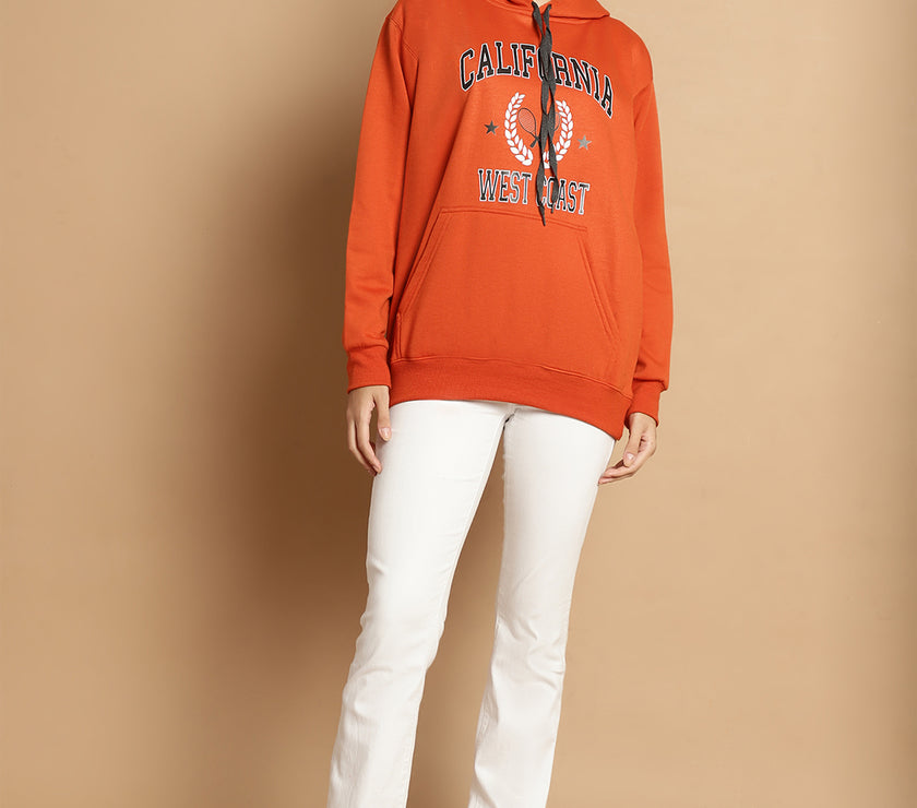 Mack Jonney Rust Printed Hooded Cotton Fleece Sweatshirt for Women