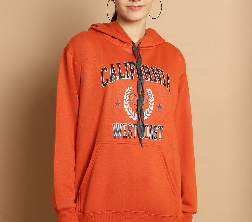 Mack Jonney Rust Printed Hooded Cotton Fleece Sweatshirt for Women