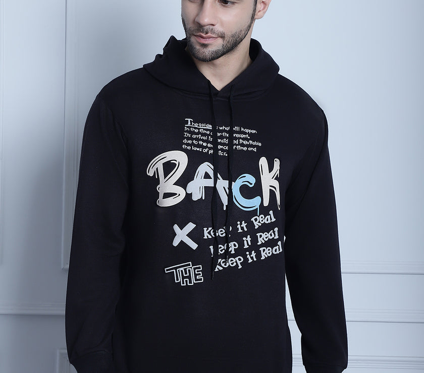 Mack Jonney Black Printed Hooded Cotton Fleece Sweatshirt for Men