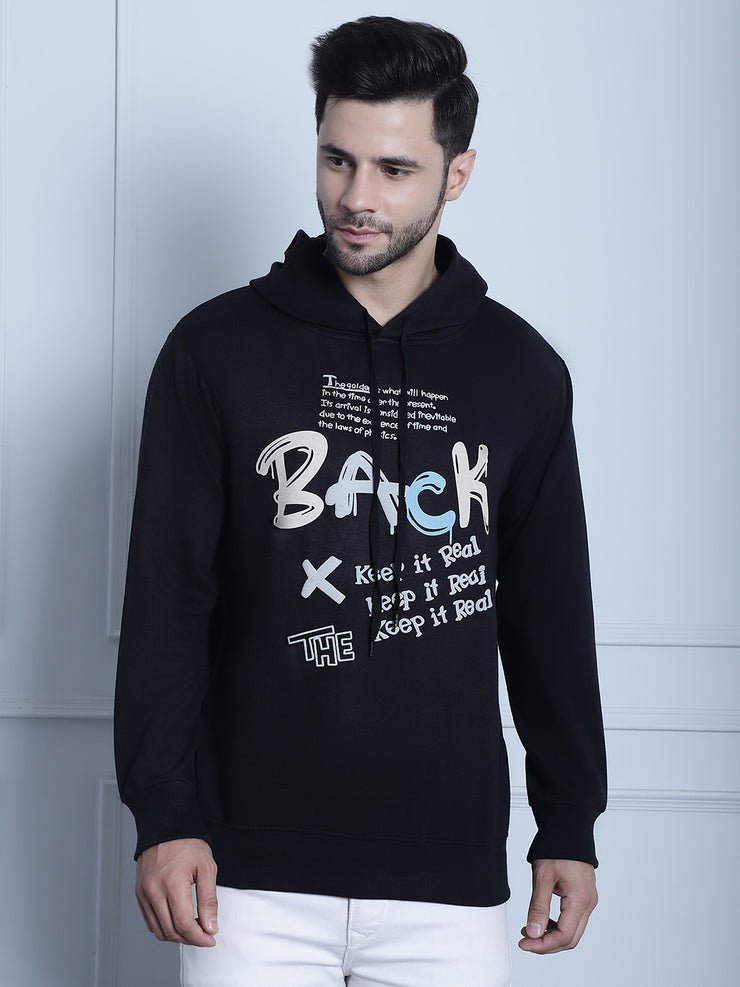 Mack Jonney Black Printed Hooded Cotton Fleece Sweatshirt for Men