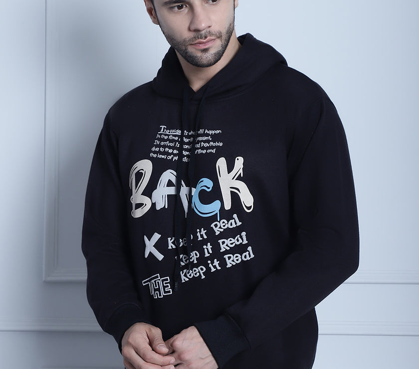 Mack Jonney Black Printed Hooded Cotton Fleece Sweatshirt for Men