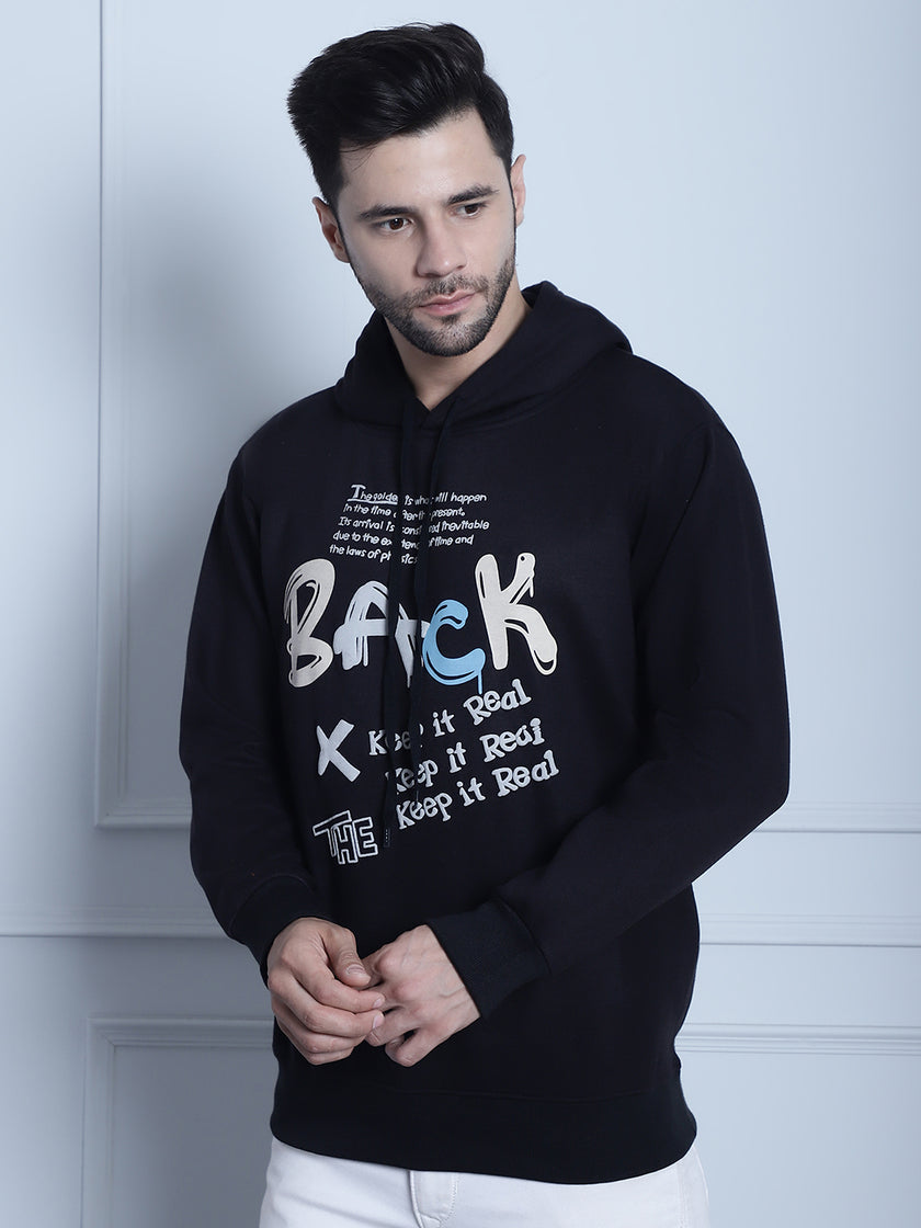 Mack Jonney Black Printed Hooded Cotton Fleece Sweatshirt for Men