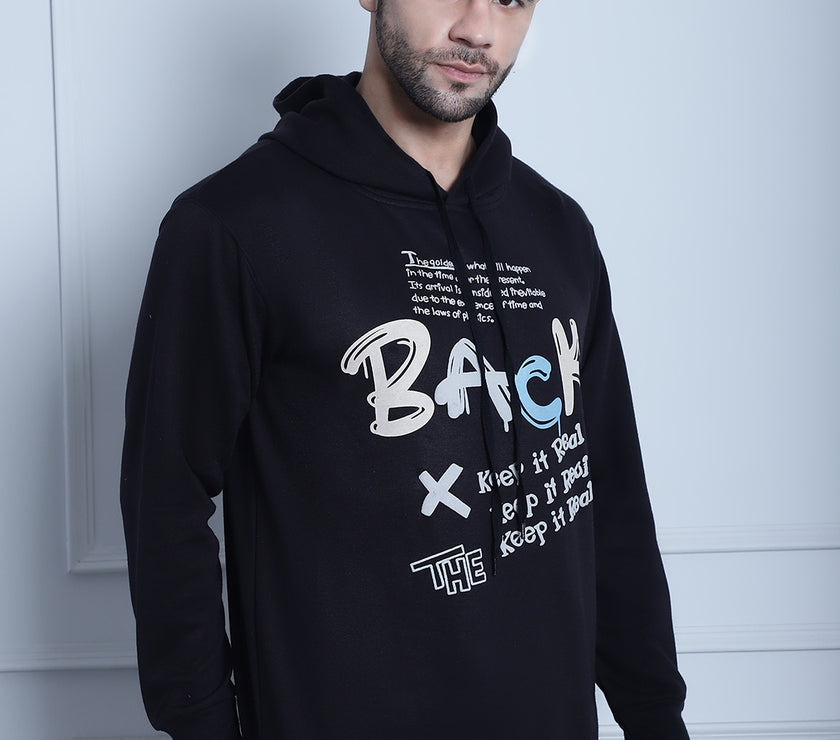 Mack Jonney Black Printed Hooded Cotton Fleece Sweatshirt for Men