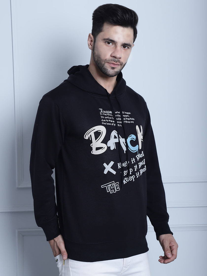 Mack Jonney Black Printed Hooded Cotton Fleece Sweatshirt for Men