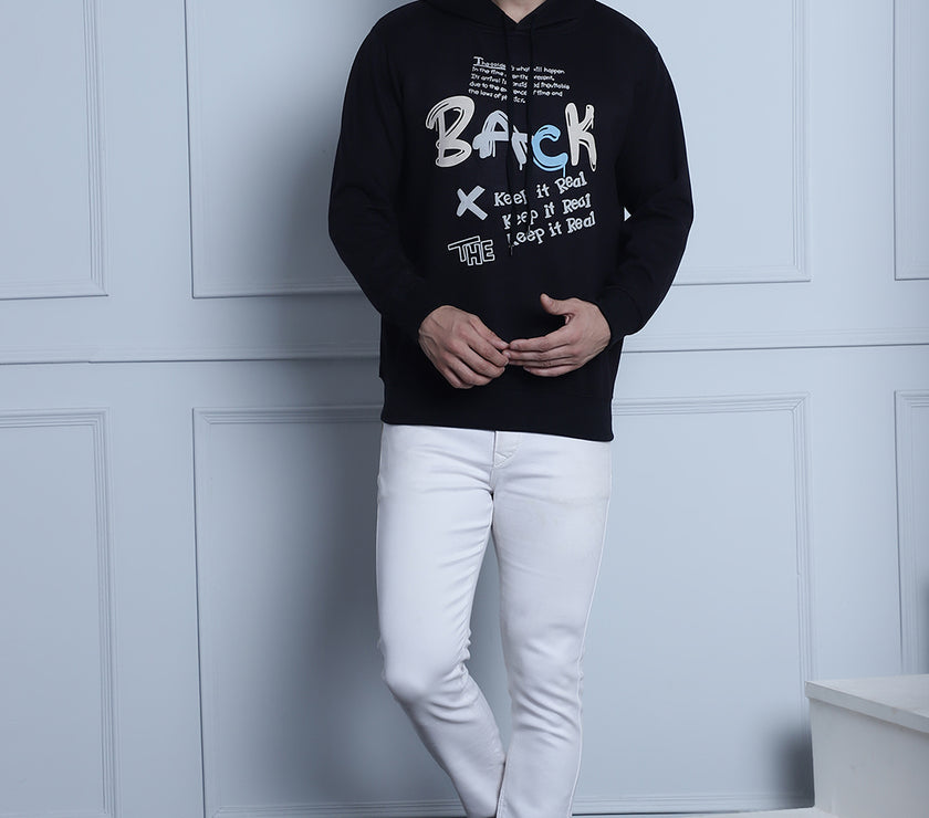 Mack Jonney Black Printed Hooded Cotton Fleece Sweatshirt for Men