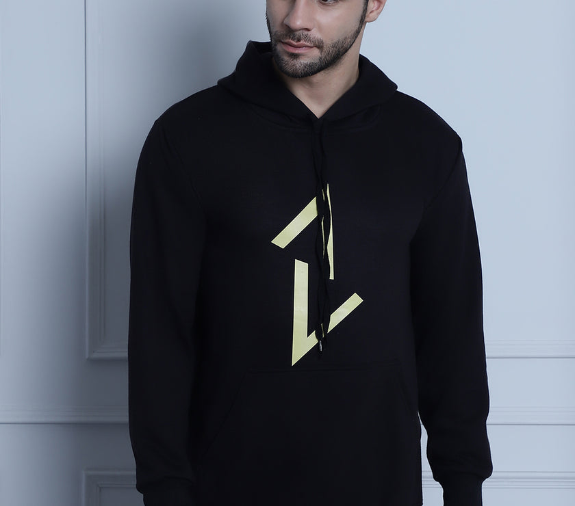 Mack Jonney Black Printed Hooded Cotton Fleece Sweatshirt for Men