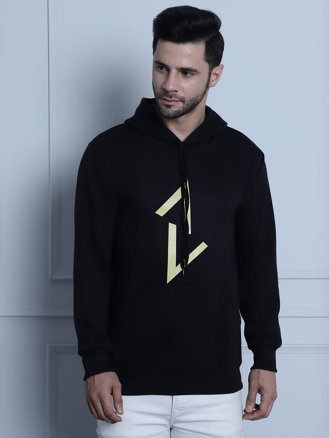 Mack Jonney Black Printed Hooded Cotton Fleece Sweatshirt for Men