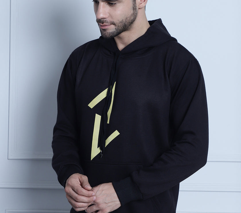 Mack Jonney Black Printed Hooded Cotton Fleece Sweatshirt for Men
