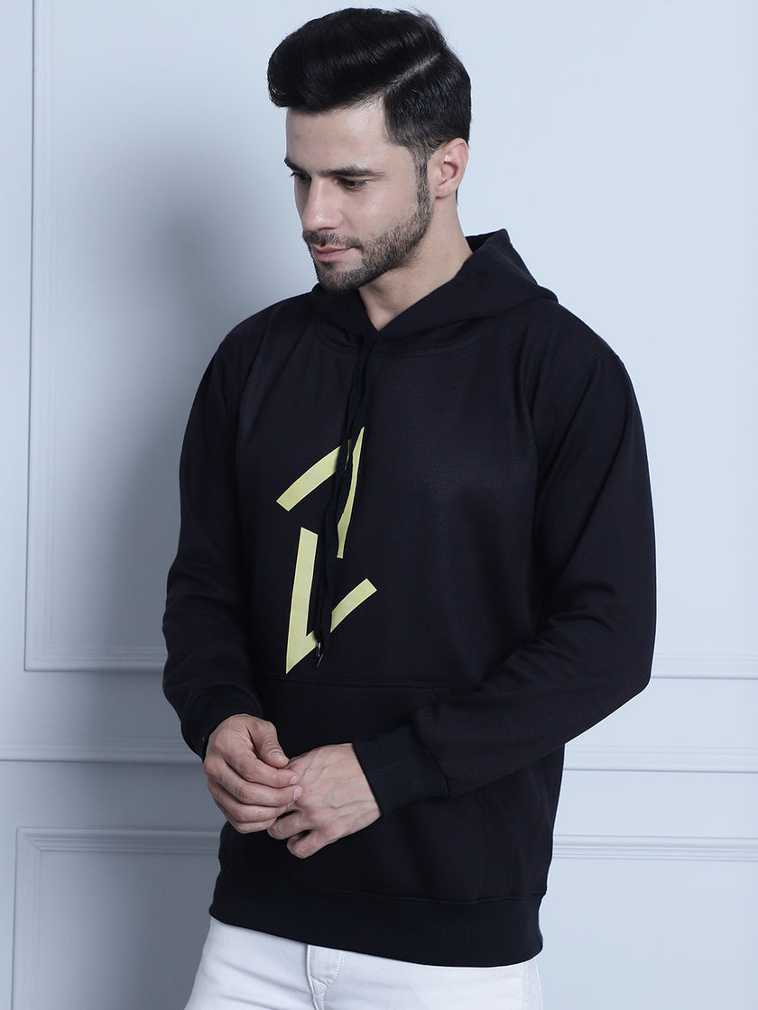 Mack Jonney Black Printed Hooded Cotton Fleece Sweatshirt for Men