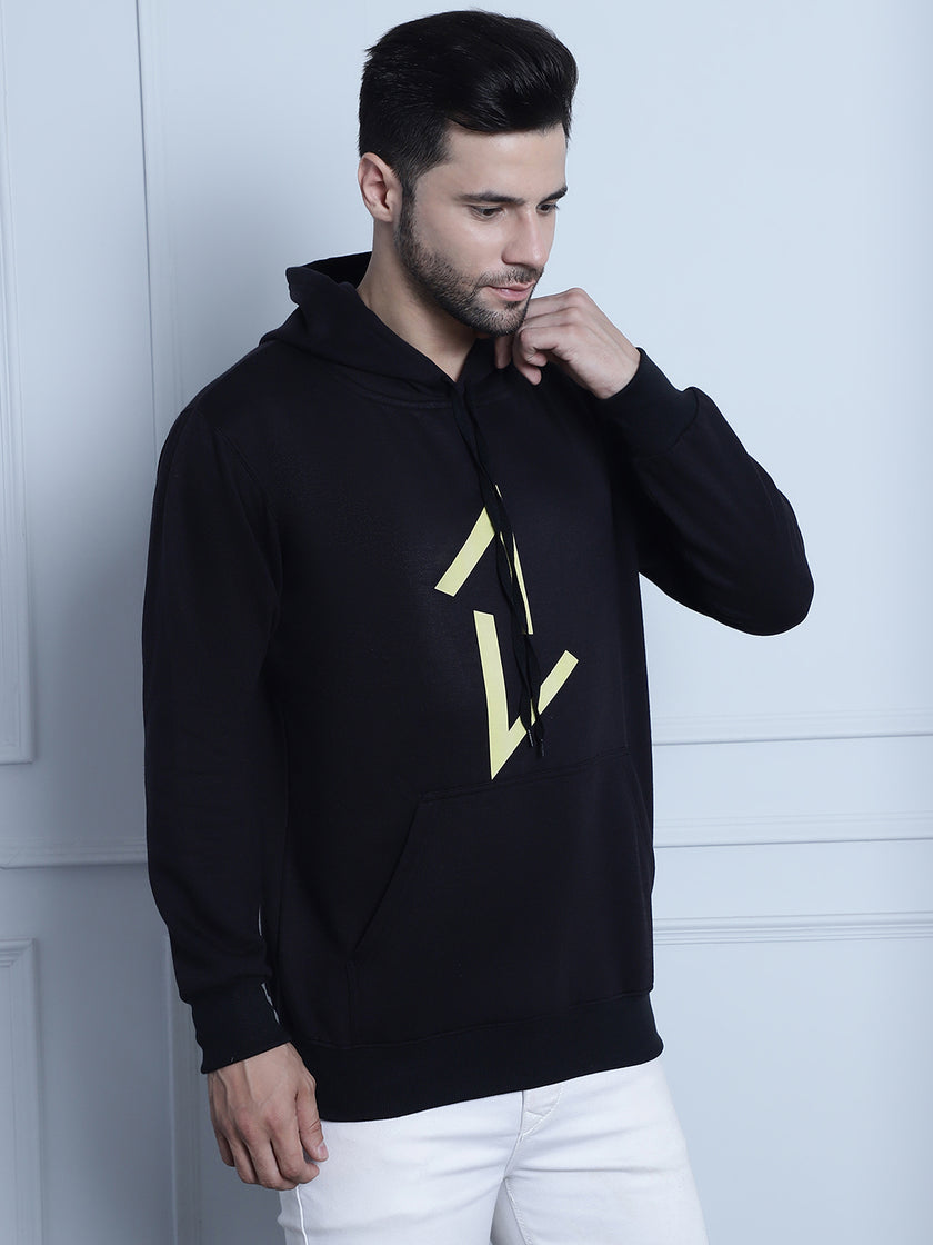 Mack Jonney Black Printed Hooded Cotton Fleece Sweatshirt for Men