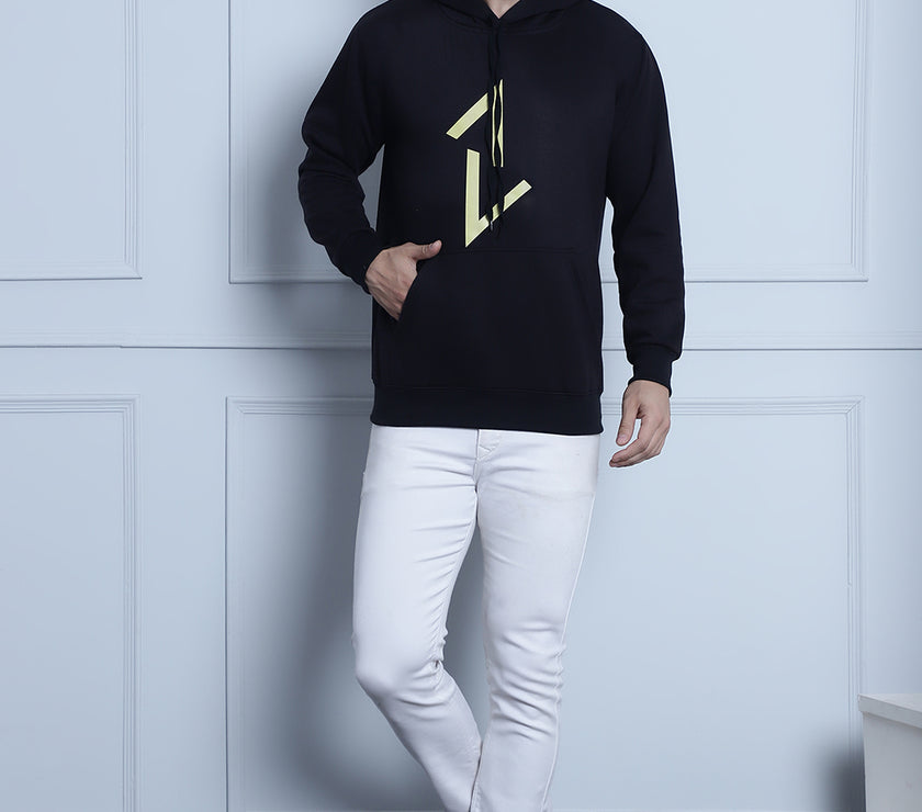 Mack Jonney Black Printed Hooded Cotton Fleece Sweatshirt for Men