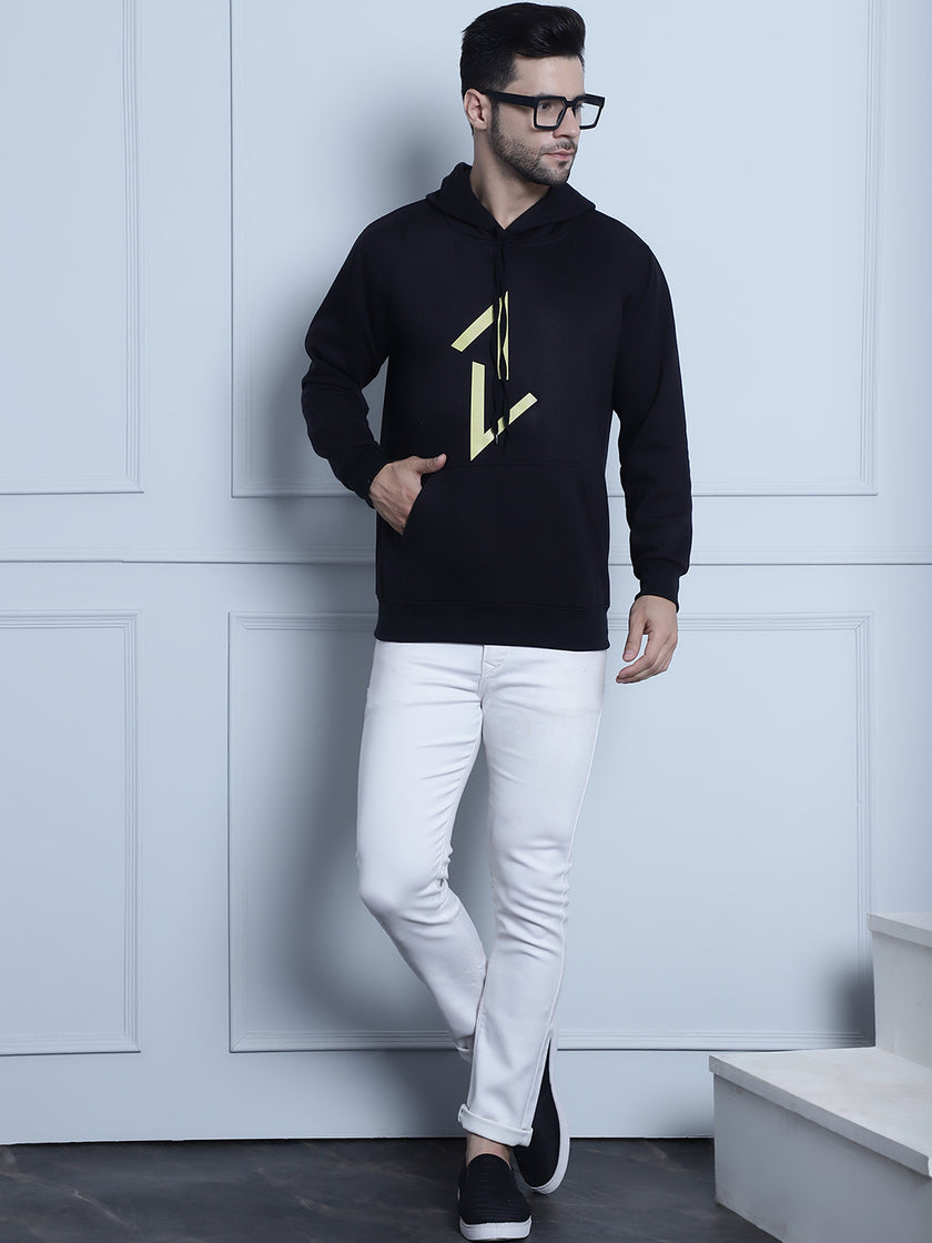 Mack Jonney Black Printed Hooded Cotton Fleece Sweatshirt for Men