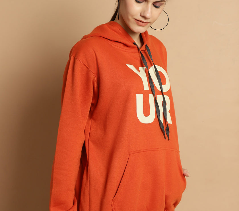 Mack Jonney Rust Printed Hooded Cotton Fleece Sweatshirt for Women