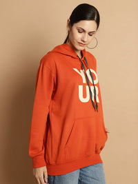 Mack Jonney Rust Printed Hooded Cotton Fleece Sweatshirt for Women