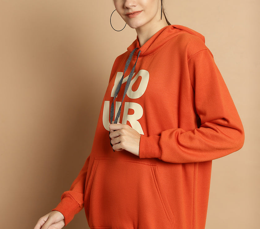 Mack Jonney Rust Printed Hooded Cotton Fleece Sweatshirt for Women