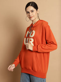 Mack Jonney Rust Printed Hooded Cotton Fleece Sweatshirt for Women