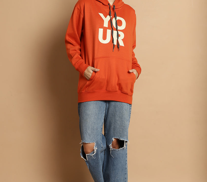 Mack Jonney Rust Printed Hooded Cotton Fleece Sweatshirt for Women