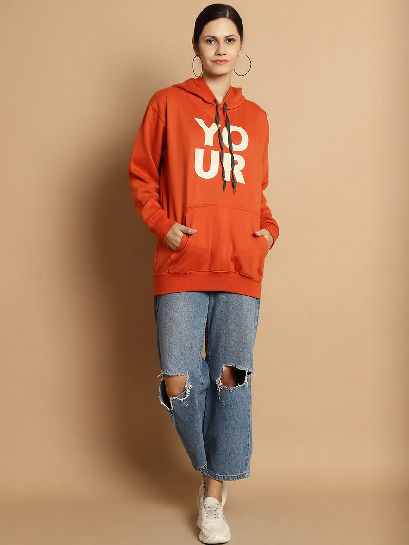 Mack Jonney Rust Printed Hooded Cotton Fleece Sweatshirt for Women