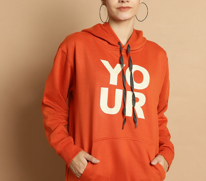 Mack Jonney Rust Printed Hooded Cotton Fleece Sweatshirt for Women