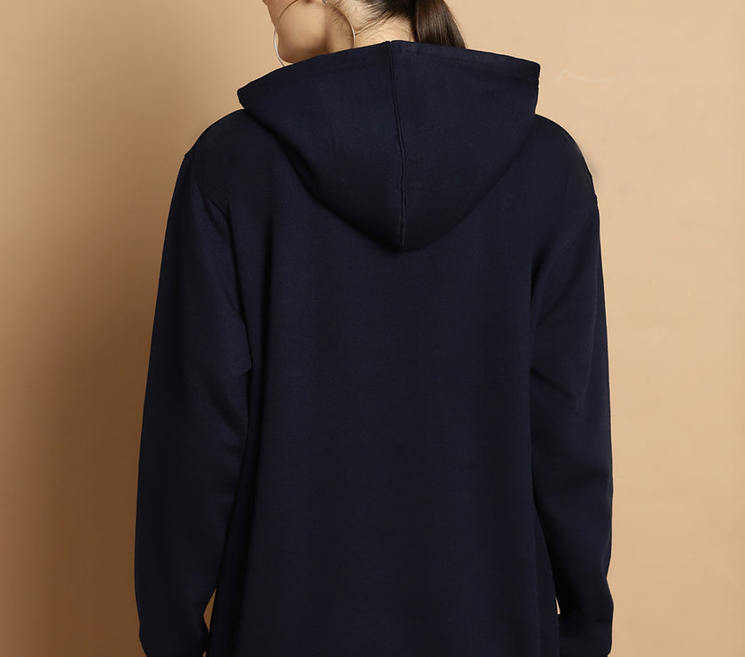 Mack Jonney Navy Blue Printed Hooded Cotton Fleece Sweatshirt for Women