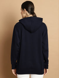Mack Jonney Navy Blue Printed Hooded Cotton Fleece Sweatshirt for Women