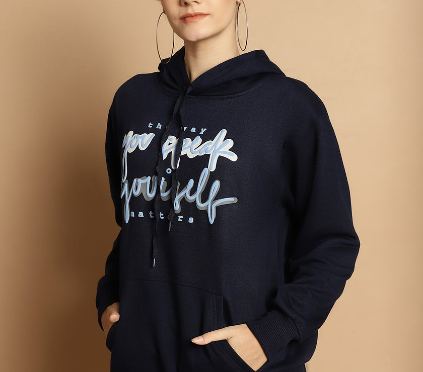 Mack Jonney Navy Blue Printed Hooded Cotton Fleece Sweatshirt for Women