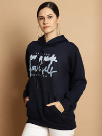 Mack Jonney Navy Blue Printed Hooded Cotton Fleece Sweatshirt for Women