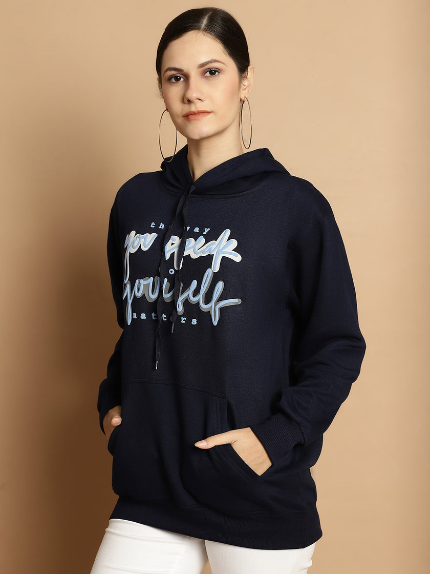 Mack Jonney Navy Blue Printed Hooded Cotton Fleece Sweatshirt for Women
