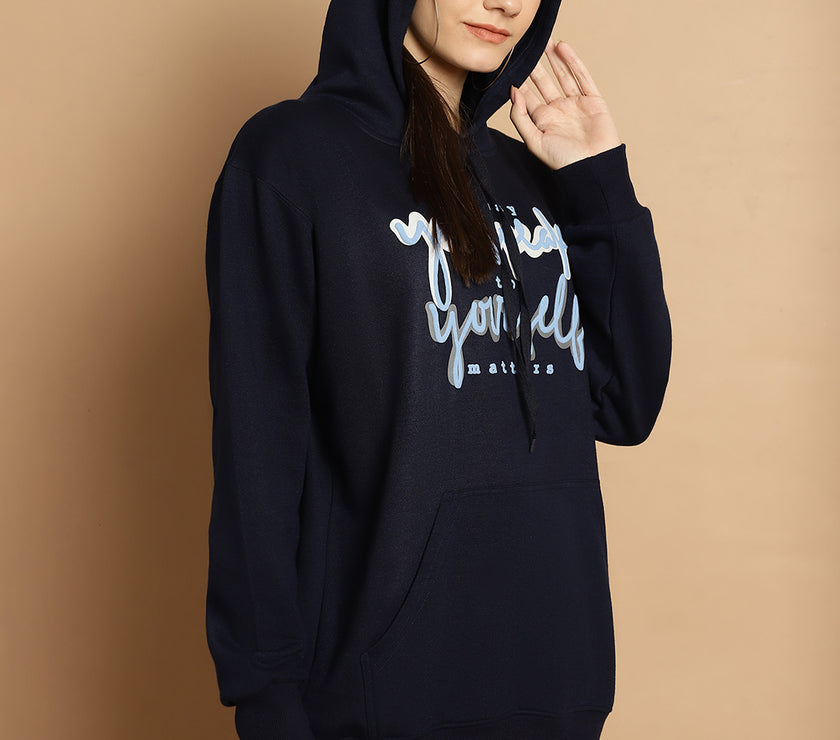 Mack Jonney Navy Blue Printed Hooded Cotton Fleece Sweatshirt for Women