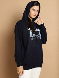 Mack Jonney Navy Blue Printed Hooded Cotton Fleece Sweatshirt for Women