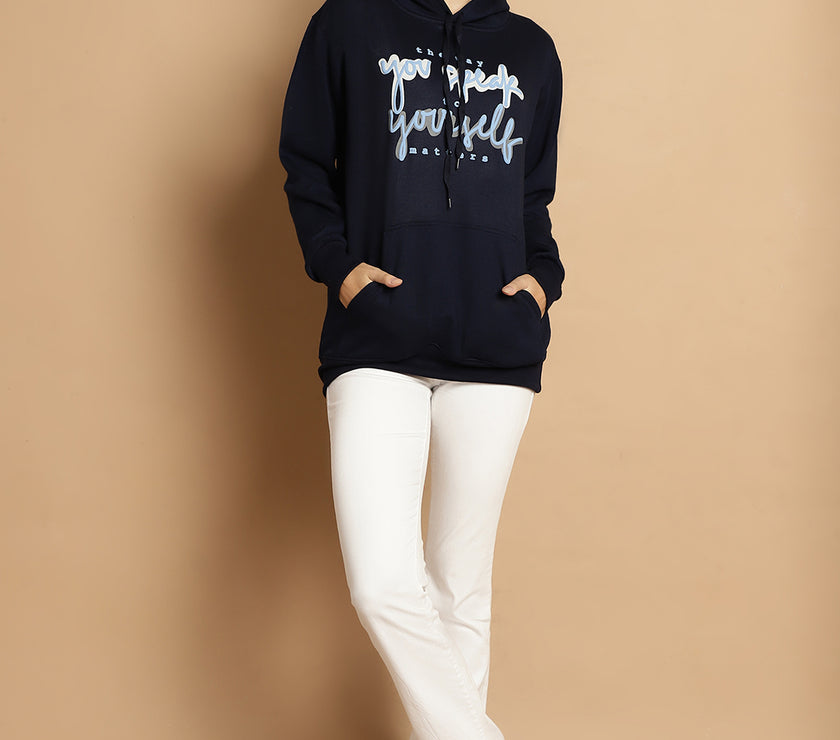 Mack Jonney Navy Blue Printed Hooded Cotton Fleece Sweatshirt for Women