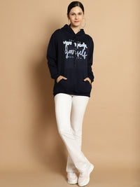 Mack Jonney Navy Blue Printed Hooded Cotton Fleece Sweatshirt for Women