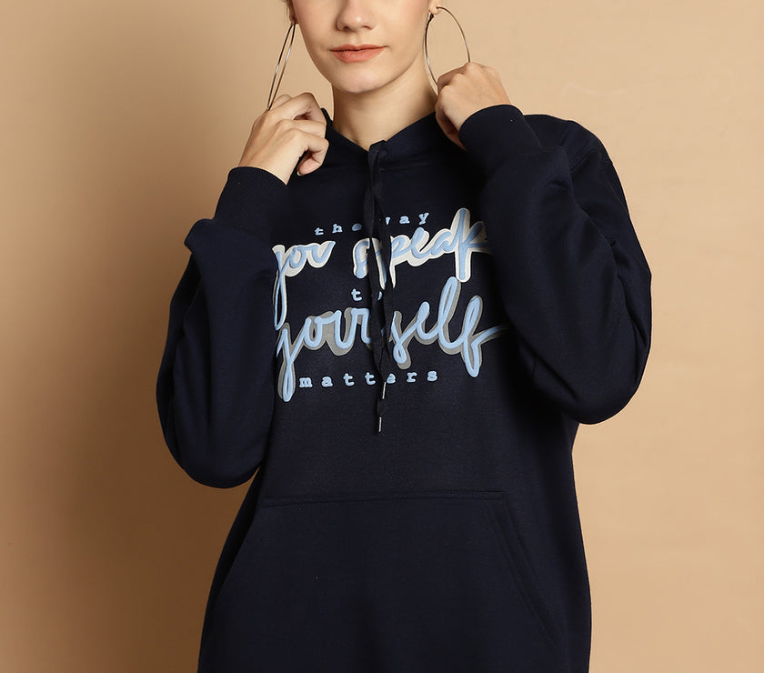 Mack Jonney Navy Blue Printed Hooded Cotton Fleece Sweatshirt for Women