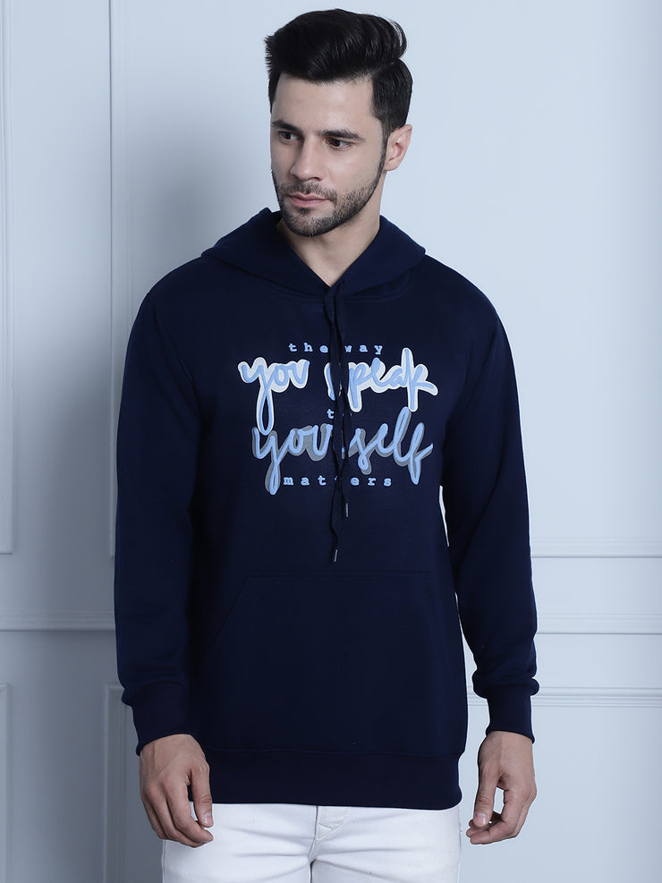 Mack Jonney Navy Blue Printed Hooded Cotton Fleece Sweatshirt for Men