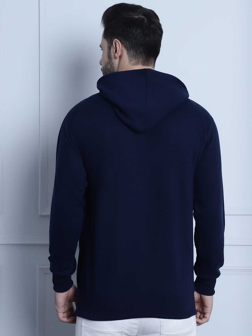 Mack Jonney Navy Blue Printed Hooded Cotton Fleece Sweatshirt for Men