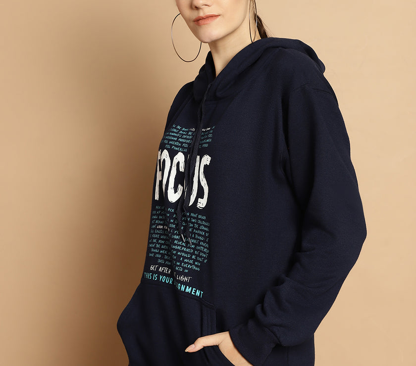 Mack Jonney Navy Blue Printed Hooded Cotton Fleece Sweatshirt for Women