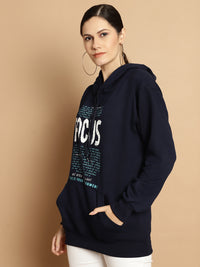 Mack Jonney Navy Blue Printed Hooded Cotton Fleece Sweatshirt for Women