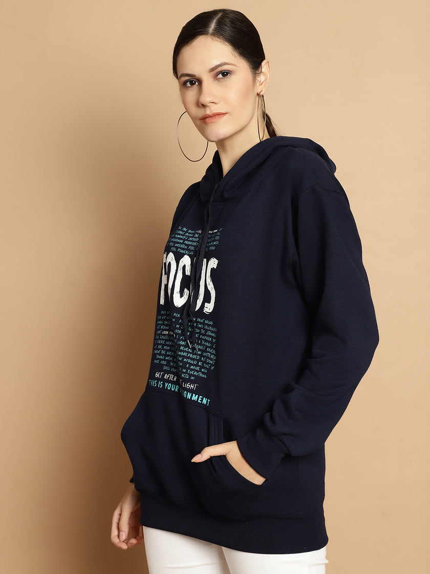 Mack Jonney Navy Blue Printed Hooded Cotton Fleece Sweatshirt for Women