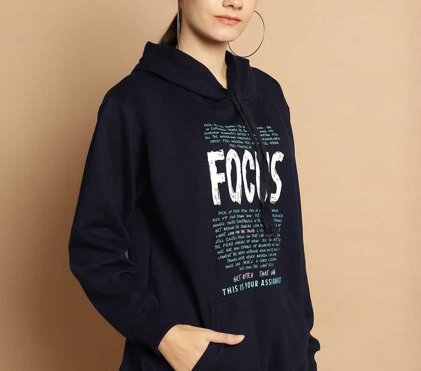 Mack Jonney Navy Blue Printed Hooded Cotton Fleece Sweatshirt for Women