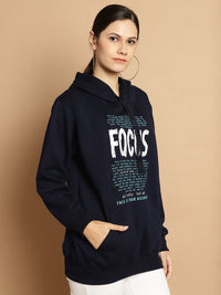 Mack Jonney Navy Blue Printed Hooded Cotton Fleece Sweatshirt for Women